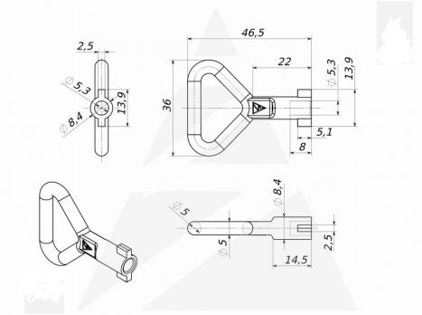 К01.05.1.1 Ключ с двумя бородками D=5mm, H=46,5mm, металл цинк