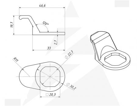 РЗ01.35 Ручка к замкам серии ЗЧ, ( монтажное отверстие 22,30* 20,30)  ABS